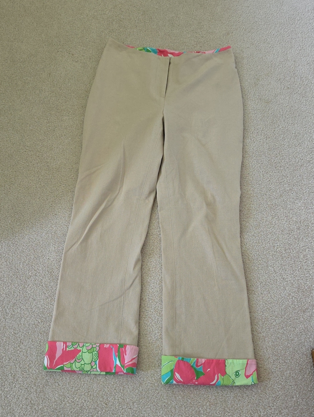 Lilly Pulitzer Beige Straight-Leg Pants with Pink & Green Floral Cuff